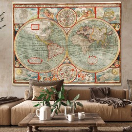Old Map of the World Tapestry Wall Hanging, Medieval Europe Retro World Map Vintage Earth Hemisphere Posters Office Wall Decor Tapestries, Renaissance Nautical Chart Map Tapestry for Bedroom Home