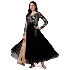 Estationeryhouse Women's Georgette Anarkali Kurta Kurti with Heavy Embroidery with contrast Dupatta (Bottoms not included) (UK, Alpha, XL, Regular, Regular, Black)