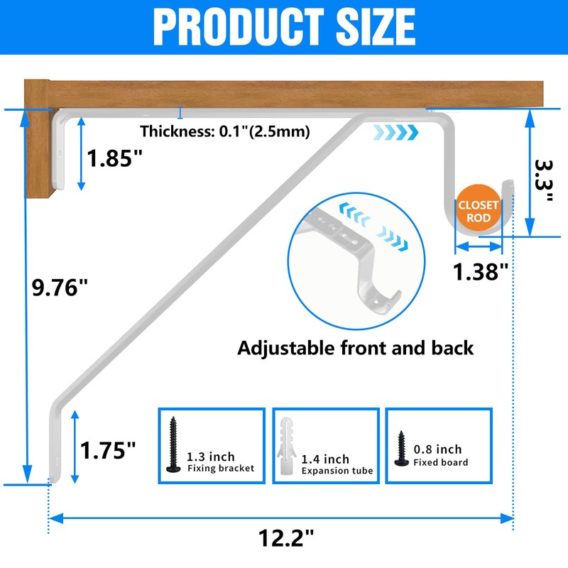 Pisman Adjustable Closet Rod Bracket Heavy Duty,Shelf Bracket with Rod