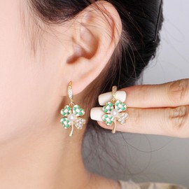 Zircobic 18K Gold Plated Green Four-Leaf Clover Earrings, Comfortable Low-Allergy Zircon Jewelry, Elegant Crystal Earrings for Daily Wear