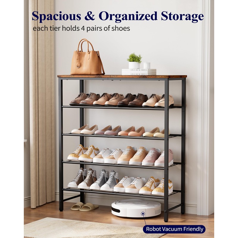 Kitsure Shoe Rack for Closet, Rustic Brown Shoe Organizer with
