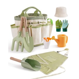 ROBUD Kid Gardening Set, Wooden Garden Tool for Kid, Garden Tool Kit with Tool Storage Bag, Apron, Gloves, Montessori Toys for Kids to be Closed to Nature, WRP25