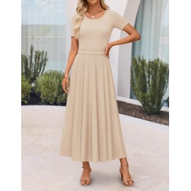ZESICA Women's Summer Short Sleeve Maxi Dress 2025 Casual Crewneck Pleated A Line Flowy Long Dresses with Pockets, Sandy, Large