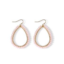 Bohemian Boho Beaded Teardrop Dangle Drop Earrings Hollow Sparkly Crystal Gold Wire Wrapped Crystal Earrings for Women Statement Jewelry-pink