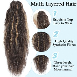 Ponytail Extension, Claw Clip on Pony tails Hair Extension for Women 28 Inch Long Wavy Curly Fake Ponytail Clip in Hair Pieces for Women Fluffy Natural Looking (Chocolate Brown with Blonde Highlights)