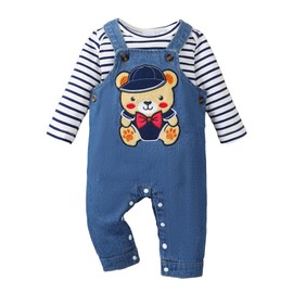 NZRVAWS Baby Boy Clothes Newborn Outfits Infant Long Sleeve Blue Stripe Romper Cute Denim Jeans Bear Pattern Jumpsuit Overalls Set 0-3 Months