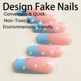 FOXIIU Press on Nails Coffin Long Length Glossy Full Cover Acrylic Coffin Shape French False Nails with Designs Artificial Ballerina Square Fake Nails with Charms Glue ons Nails for Women(XE7034)