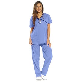 Just Love Women's Scrub Sets/5 Pocket Medical Scrubs Uniforms (Mock Wrap), Ceil With Navy Trim, Medium