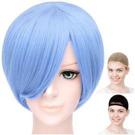 CaseEden 6113 Premium Smooth Short Bob Cosplay Wig, Light Blue, Light Blue