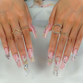 QQPPOLIU Press on Nails for Women,Square Nail Press Ons Pink Fake Nails with Jewel Design False Nails Long Glue on Nails Rhinestones Stick on Acrylic Nails Press Ons 24pcs Kit
