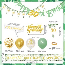 30th Birthday Decorations,Sage Green 30th Birthday Party Decorations Include Happy 30th Birthday Banner,Triangle Flag and Confetti Balloons for Party Birthday Decorations