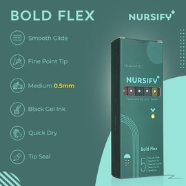 Nursify+ NurseFlex Gel Pens – 5-Pack Smooth Glide Fine Point Pens | Quick-Dry Black Ink for Nurses & Professionals (Bold Flex 0.5mm)