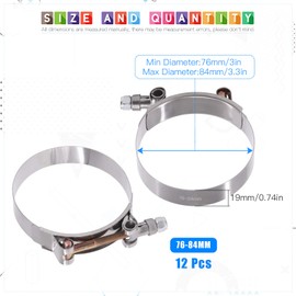 Glarks 12Pcs 76-84mm Stainless Steel T-Bolt Hose Clamps Turbo Intake Soft Hose Intercooler Clamps
