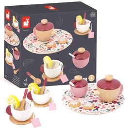 JANOD Twist Tea Set Tea Playset 16 Accessories Felt Role Play Tea Service for Children's Toys Made of FSC Wood from 2 Years J06631, Pink/Bordeaux, 18.9 x 18.9 x 9 cm