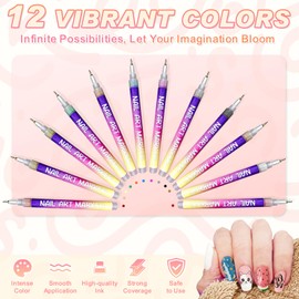 12 Colors Nail Art Pens Set with 0.5mm Fine Tip, Waterproof & Quick-Drying Nail Art Pens for Painting Nails, DIY 3D Doodle Design, Portable Nail Polish Pens Tool