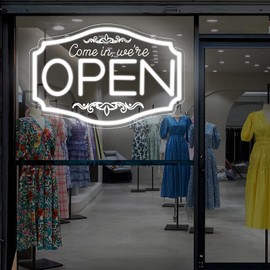 LED Neon Come In We're Open Sign for Business Store Storefront Glass Window Door Bar Cafes Restaurant Barber Wall Decor, Light Up We're Open Lighted Business Sign 16 Inch Eletric Powered Red