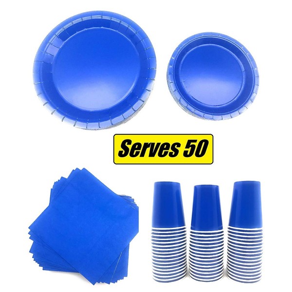 Serves 50 | Complete Party Pack | Blue | 9" Dinner Paper Plates | 7" Dessert Paper Plates | 9 oz Cups | 3 Ply Napkins | Blue/Baby Shower Party Theme