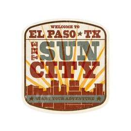 Die Cut Sticker El Paso, Texas, Skyline and Sunburst Screenprint Style, Contour Vinyl Sticker 1 to 3 inches (Waterproof Decal for Cars, Water Bottles, Laptops, Coolers), Small