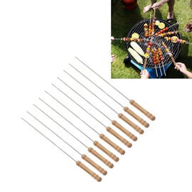 Natudeco 10pcs BBQ Skewers with Wooden Handle Reusable Stainless Steel Skewers Meat Vegetable BBQ Camping BBQ Tool Set Easy to Clean 11.8in