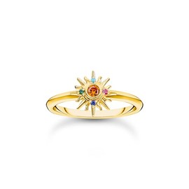 THOMAS SABO Women's Ring with Sun and Colourful Stones Gold-Plated 925 Sterling Silver 750 Yellow Gold Plating TR2458-488-7, 52, Sterling Silver, No Gemstone
