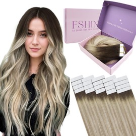 fshine Tape in Extensions Real Human Hair 50g 14 Inch Tape in Hair Extensions Balayage Hair Color 2 Dark Brown Fading to 18 Ash Blonde and 60 Platinum Blonde Extensions 20pcs Invisible Hair