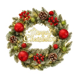 Perfeclan Weihnachtskranz Weihnachtskranz mit Licht Künstlicher Kranz Weihnachtsdeko Haustürkranz für Neujahr Bauernhaus Kamin