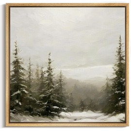 MUDECOR Framed Canvas Print Wall Art Vintage Winter Whisper: Snow-Covered Pine Trees Landscape Wilderness Illustrations Modern Art Group Colorful for Living Room, Bedroom, Office - 16"x16" Natural