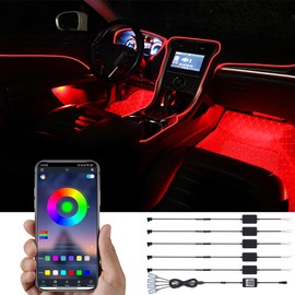 TABEN Car Ambient Light Kit, 6 Meters Integrated Fiber Optic Multicoloured Footwell Atmosphere Lighting Kits, Music Sync Rhythm Sound Active Memory Function, Bluetooth APP Control, DC 12V-24V