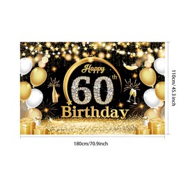 60th Birthday Party Decoration, Oversized Fabric Black Gold Birthday Background Banner, 60th Birthday Party Supplies, Suitable for Anniversary Photo Booth Background Banner, 70.9 x 45.3 Inch