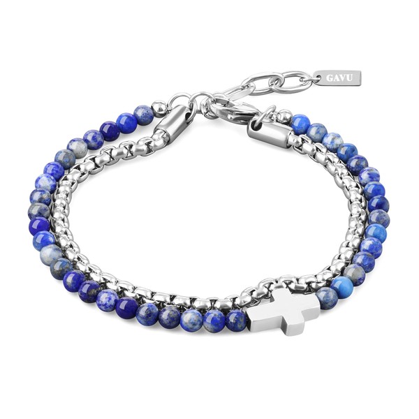 GAVU Men's Power Stone Double Layer Stainless Steel Bracelet, Lapis