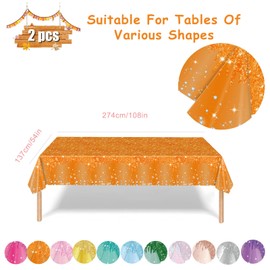 2P Orange Party Plastic Table Cloth,137x274cm Shiny Glitter Orange Tablecloths Rectangular Diamond Gold Party Dining Tablecover Orange Tablecloth Thanksgiving Birthday Autumnal Party Orange Tablecloth