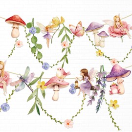 Easy Joy Flower Garland, Paper Flowers Decoration, Colourful Flower Fairy Garland Banner with Elf, Mushroom, Room Decoration Aesthetic, Paper Flowers for Hanging for Garden Party, Birthday Decoration