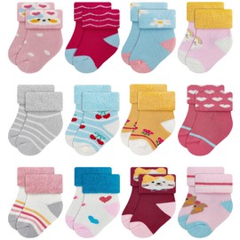 RATIVE Newborn Thick Terry Turn Cuff Socks for Unisex Baby Boys and Girls (0-3 months, 12-pairs/BG22)