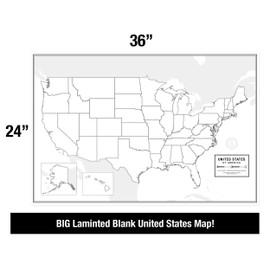 Large Blank United States Outline Map Poster, Laminated, 36” x 24” | Great Blank Wall Map for Classroom or Home Study | Free Dry Erase Marker Included | Includes Detailed Laminated Answer Sheet