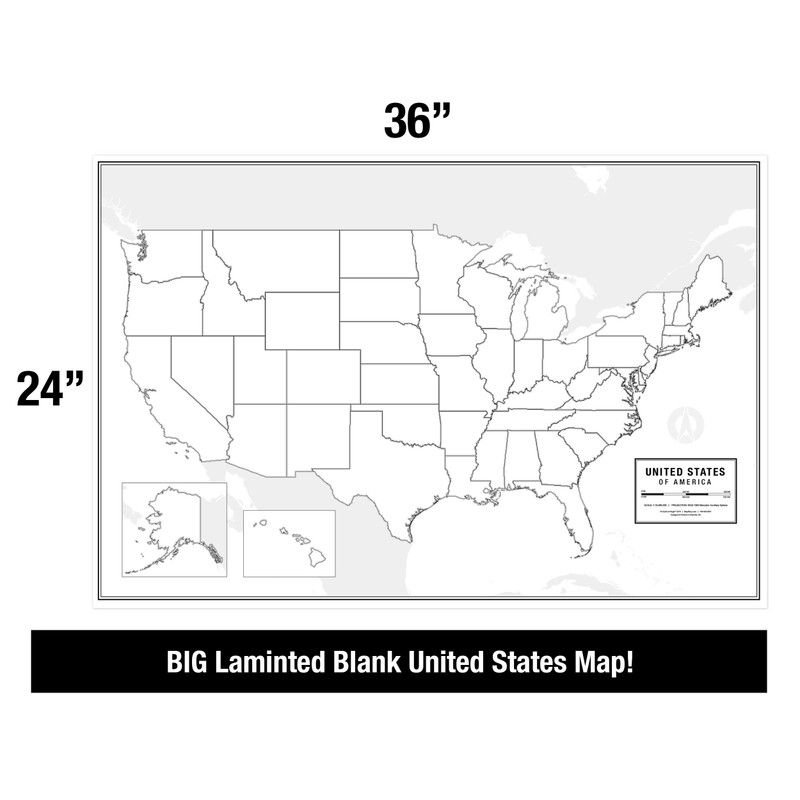 Large Blank United States Outline Map Poster, Laminated, 36” x