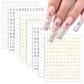 Letters Nail Art Stickers Number Nail Decals, 3D Self-Adhesive Metallic Black Silver Gold Nails Art Stickers English Alphabet Nails Arts Sticker for Women Girls Manicure DIY, 8 Sheets