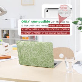 iCasso for MacBook Pro 13 inch Case M2 2024, 2023, 2022-2016 A2338 M1 A2251 A2289 A2159 A1989 A1708 A1706, Retro Leather Hard Shell Case+Keyboard Cover+Screen Protector, Green Embossed Floral
