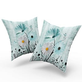Giwawa 2PCs Teal Daisy Pillow Covers- 18"x18" Rustic Turquoise Floral Double Sided Square Pillowcases- Farmhouse Flower Butterfly Throw Cushion Cover for Sofa Porch Patio Outdoor Decor