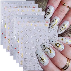 8 Sheets Star Nail Stickers for Nail Art, Gold Silver Stars Heart Sun Moon Nail Decals 3D Self-Adhesive Star Moon Sun Nail Art Supplies Gold Silver Nail Charm for Acrylic Nail Decoration Accessories