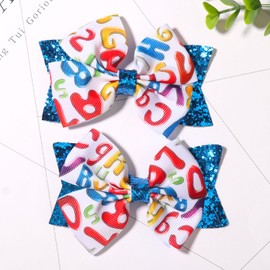 HAIMITI 2pcs Back To School Hair Clips Colorful Letter Bow Hair Accessories Blue Sequin Hair Bows Shiny Cartoon Hair Bow Clip Cute Hair Pins For Women Girls Toddler Students First Day Of School
