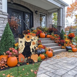 Fall Black Cat Pumpkin Garden Flag Double Sided 12x18 Outdoor Decor