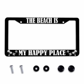 Amcove License Plate Frame The Beach is My Happy Place Stainless Steel License Plate Frame with 2 Holes & Free Screws 12.2 x 6.3 Inches