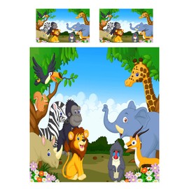 ANHOPE Jungle Safari Zoo Animal Bed Linen Set 2-Piece Duvet Cover 135 x 200 cm + Pillowcase 80 x 80 cm Soft Microfibre Duvet Covers Set with Zip Duvet Cover for Children Boys Girls