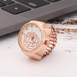 Akozon Finger Ring Watch Round Dial Rose Flower Pattern Women Finger Quartz Watch for Birthday Graduation (Rose Gold)