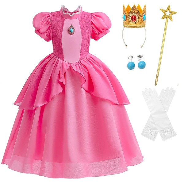 TYHTYM Princess Peach Dress, Children's Cosplay (Dress/Crown/Stick/Earrings/Gloves), 5-Piece Set, 39.4 - 55.1 inches (100 - 140 cm), One Piece, Kids Costume, Perfect for Christmas/Halloween/Children's