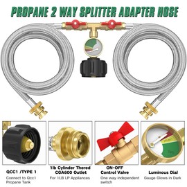 Upgraded 5FT Propane 2 Way Splitter Adapter Hose Stainless Braided Y Splitter Hose 1 lb to 20 lb Converter with Shut Off Valve with Gauge Propane Hose Adapter 1lb LP Appliances to QCC1 5-40lb Tank