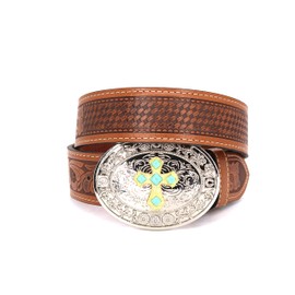 West Star Cowboy Tooled Leather Plain Belt Suit Casual Daily Everyday Dress Belt 2 Inches Width 8005A Oval Cross BR M