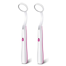 Ceonam 2 Pcs Dental Mirror with Light Tool LED Lighted Teeth Inspection Mirror Anti Fog Curve Angle Dentist Oral Care Tool (Red)