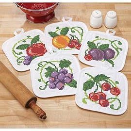 Herrschners Bright Fruit Pre-Quilted Pot Holders Stamped Cross-Stitch