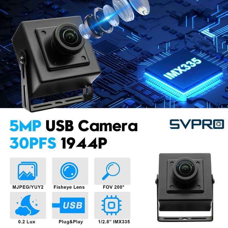 Svpro 5MP 30fps Fisheye USB Camera, 200° Ultra Wide Angle